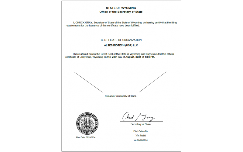 ALSES BIOTECH (USA) LLC is officially established